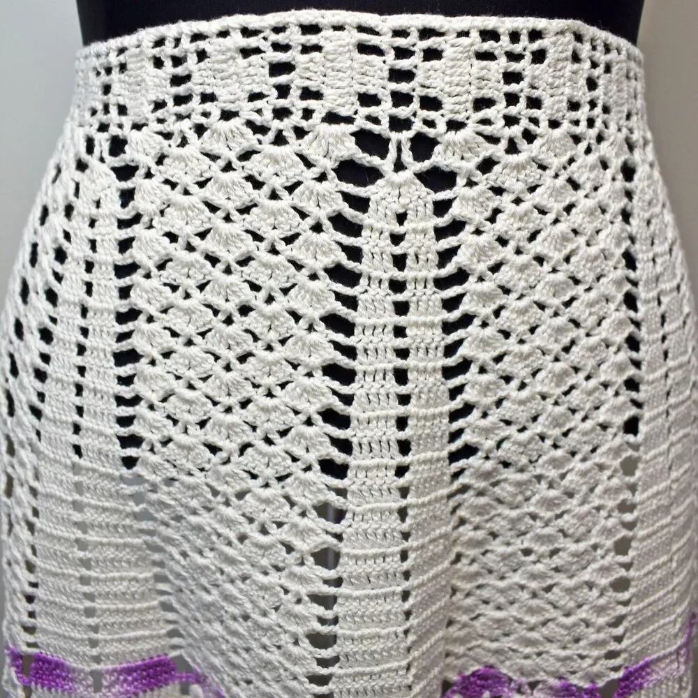 Vintage Handmade Crochet Half Apron White Purple Boho Farmhouse Kitchen Cottage